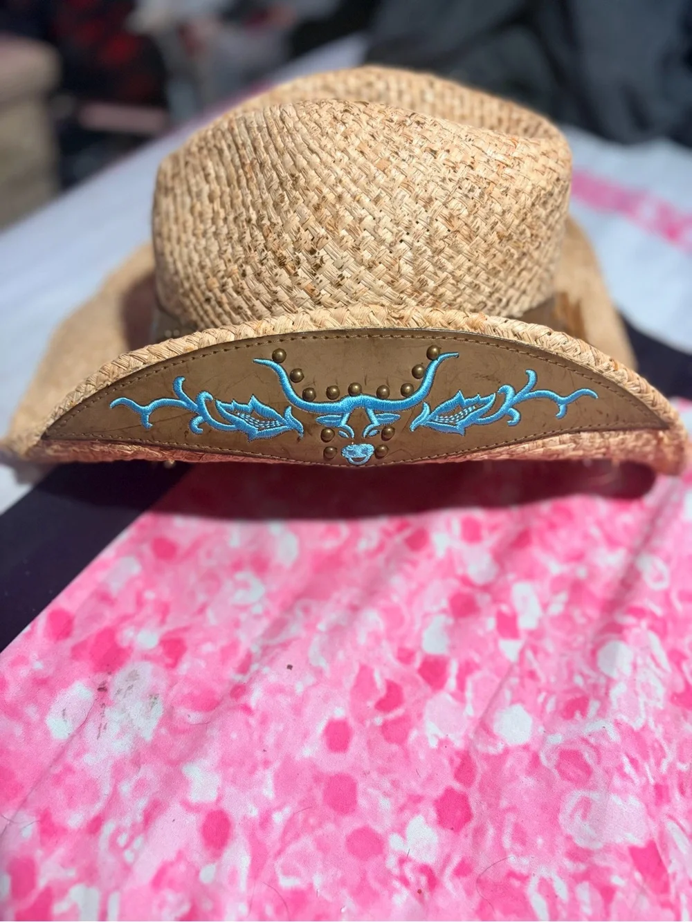 NWOT Vintage Straw Western Cowboy Hat, Turquoise Embroidered, bull longhorn